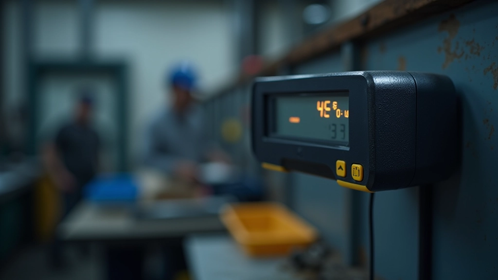 Digital hygrometer displaying 45% relative humidity mounted on workshop wall above sealed storage containers