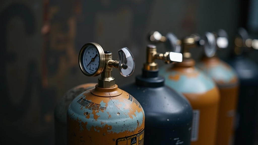 Industrial welding gas cylinders showing different shielding gas options with pressure gauges and flow meters