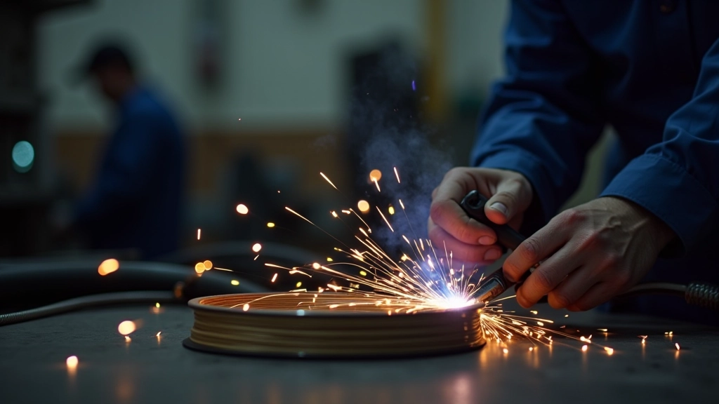 MIG welding torch and wire spool setup in industrial fabrication workshop