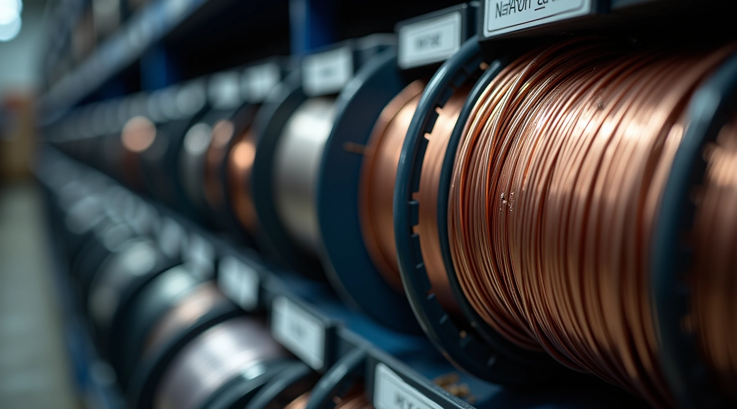 Close-up of MIG welding wire spools in organized storage with identification labels
