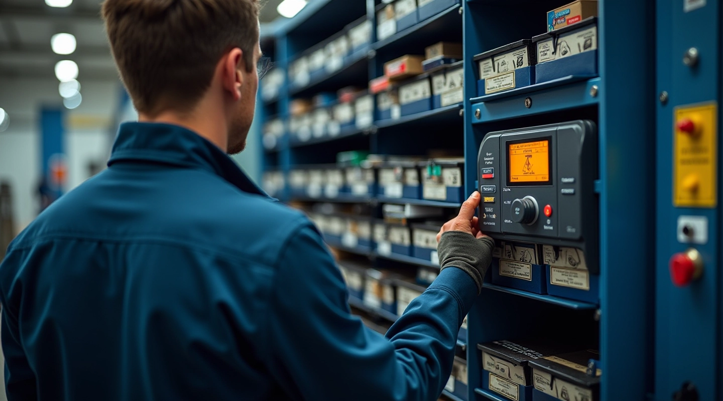Organized welding consumables storage cabinet with temperature and humidity monitoring equipment in a professional workshop