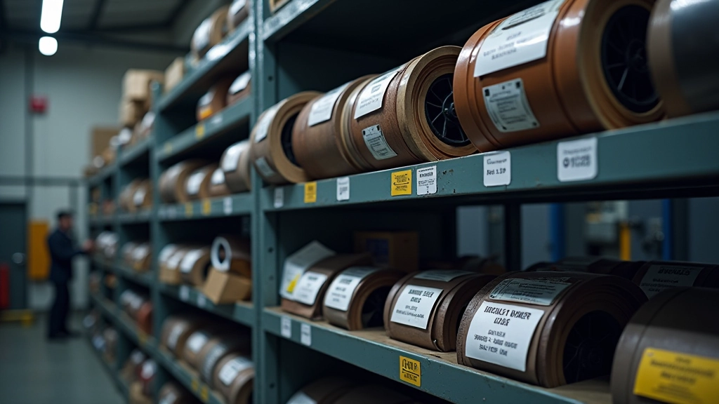 Labeled welding consumable spools organized on shelving with date tags and inventory tracking system visible