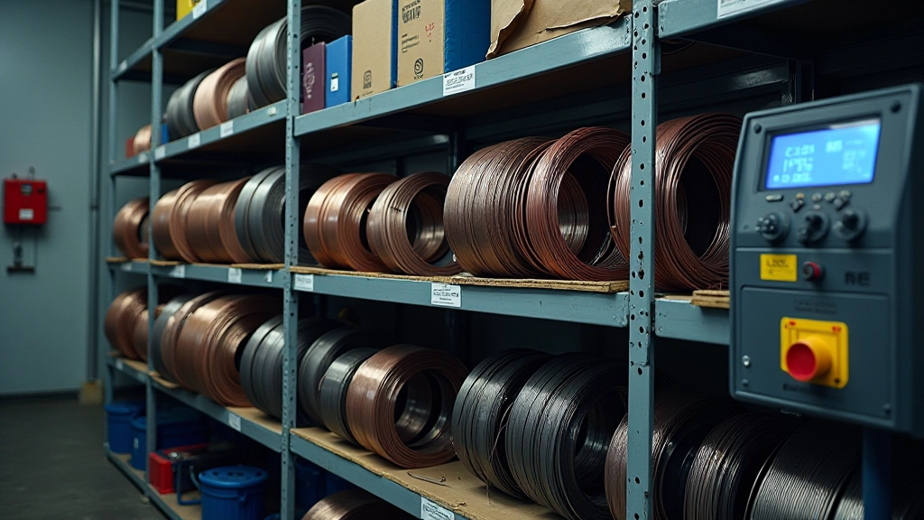 Workshop storage room with temperature control unit and wire spools arranged on metal shelving racks