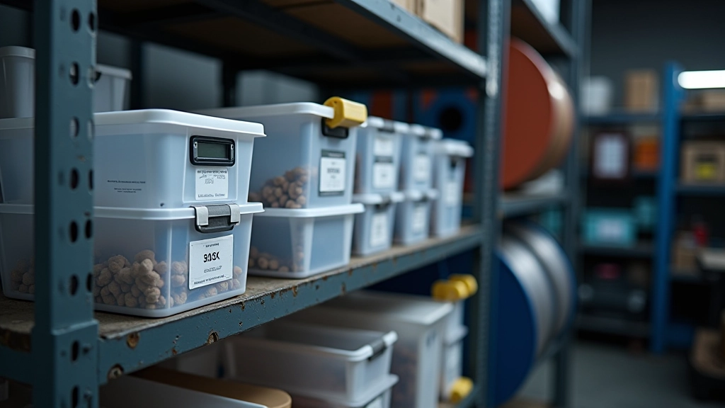 Budget-friendly workshop storage setup with plastic bins, hygrometer, and labeled wire spools on metal shelving