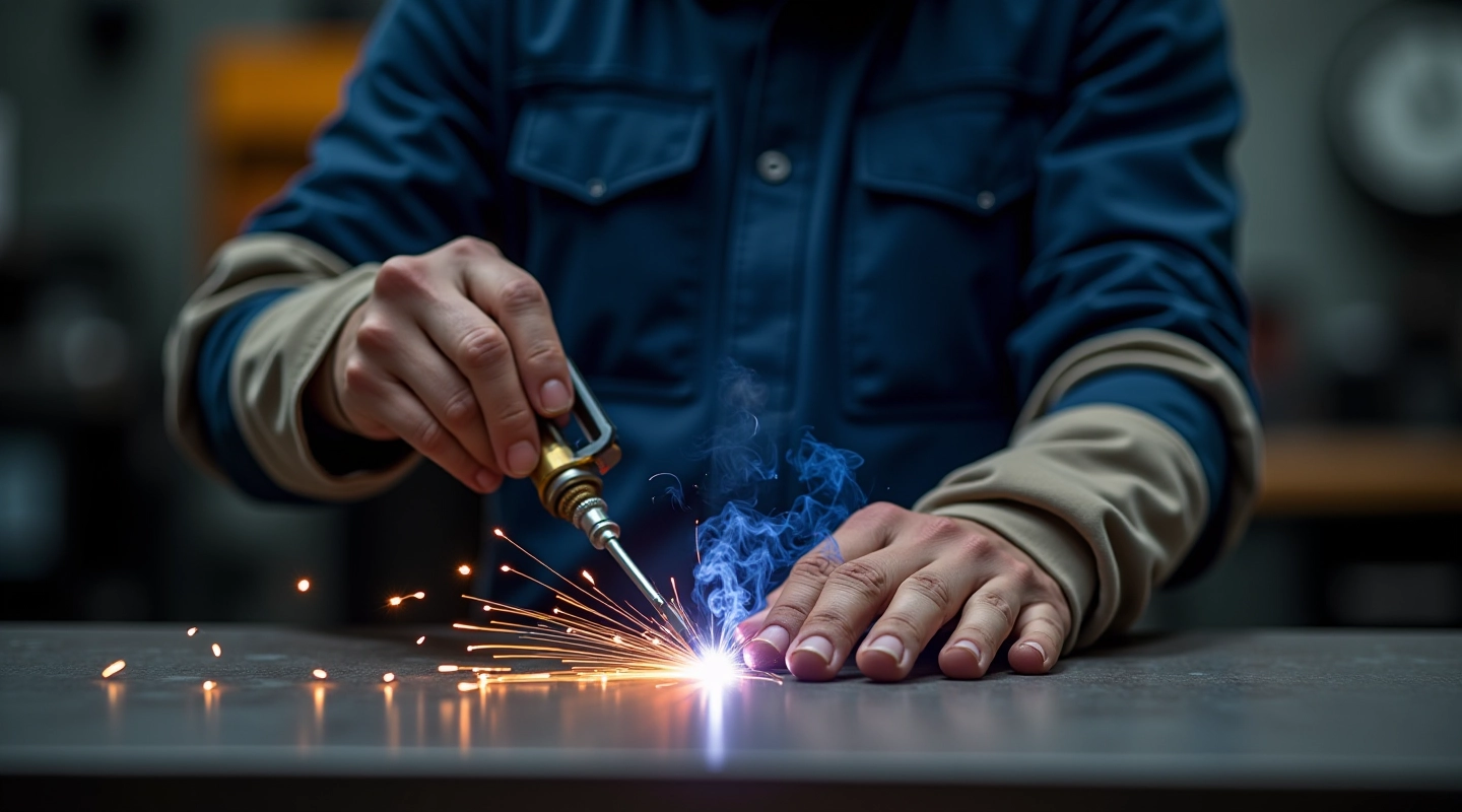 Professional welding setup with electrode holder and metal fabrication workpiece