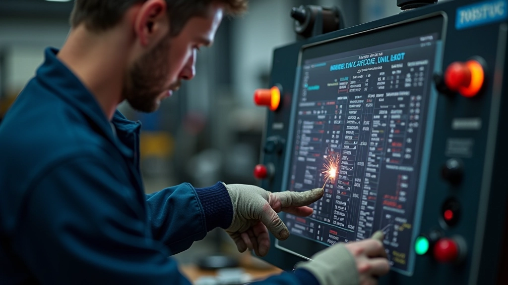 Welding technician checking wire specifications on equipment control panel with material samples nearby